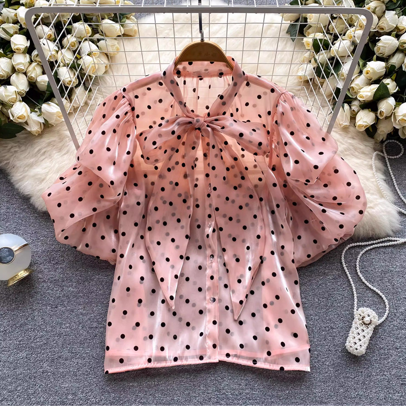 Women's puff sleeve tie bow polka dot shirt thin see-through loose slimming temperament chiffon shirt