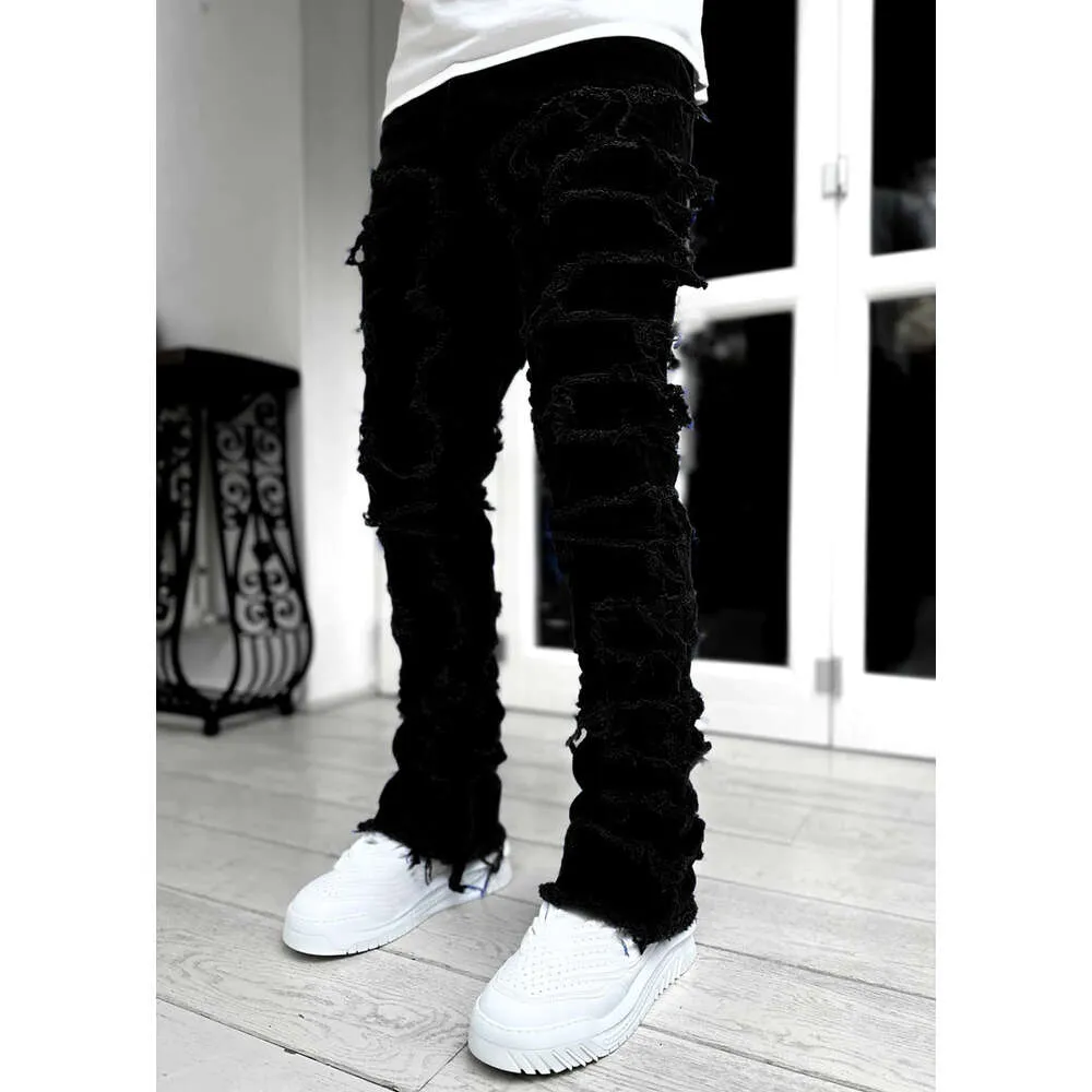 Pantalon droit en denim à patch élastique pour homme, nouvelle mode de rue_voghion.com
