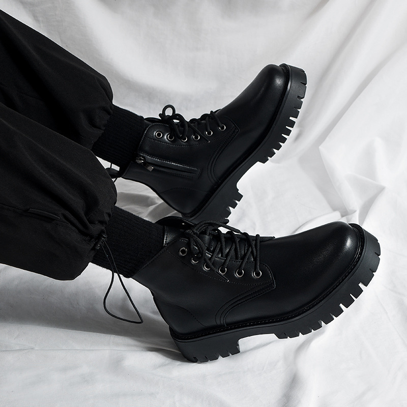 European Warm Series Side Zipper Martin Men British Style Genuine Leather Workwear Motorcycle Winter Height Increasing High Top Short