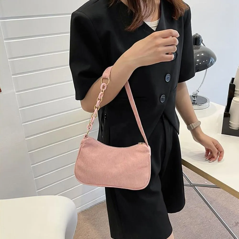 Hobo Chain Corduroy Shoulder Bag Korean Style Solid Color Crossbody Storage Makeup Lipstick Veet Underarm_voghion.com
