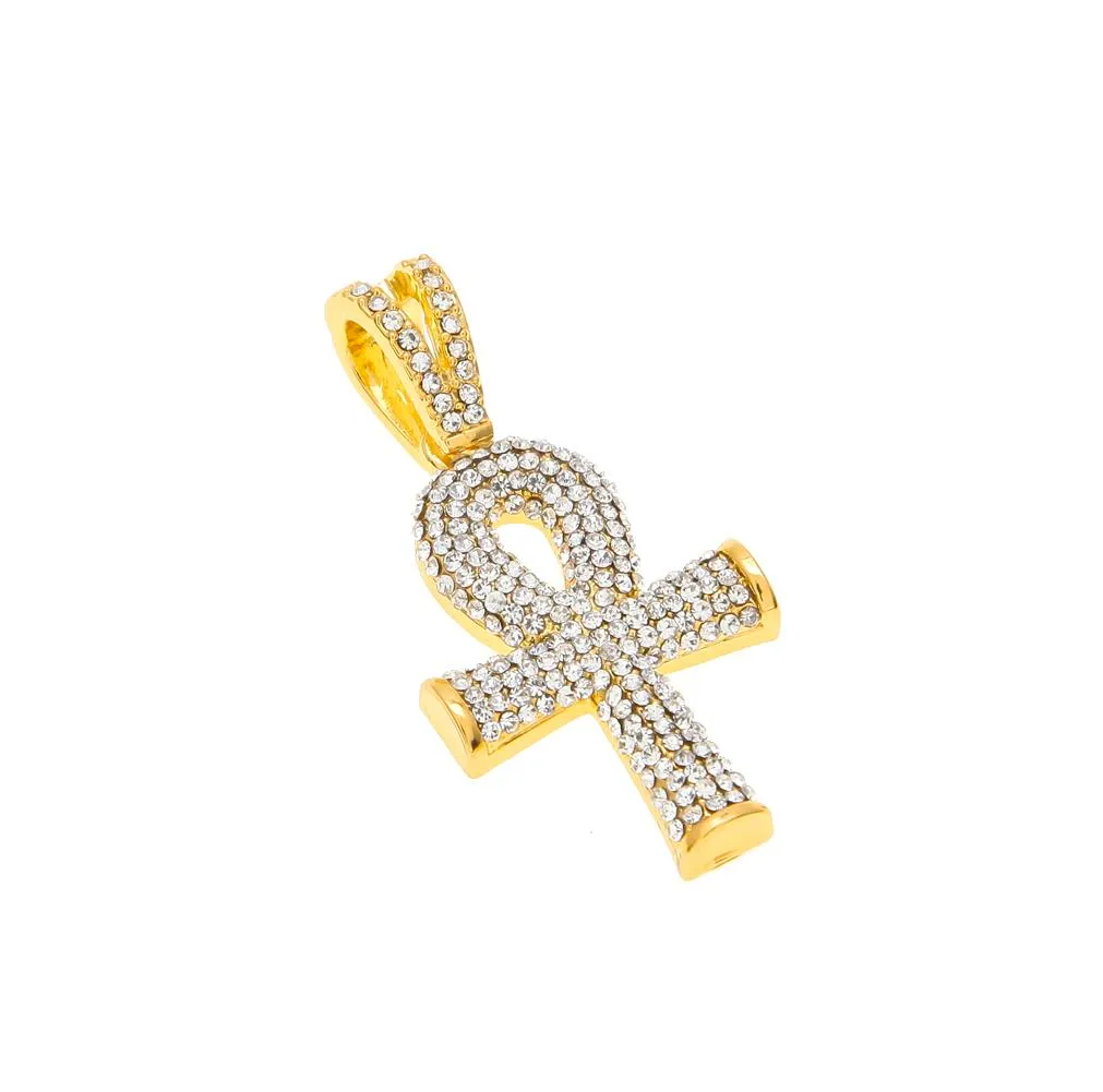 Neue Mode Ägyptischen Ankh Schlüssel des Lebens Bling Strass Kreuz mit Rot Rubin Anhänger Halskette Set Männer Hip Hop Schmuck Geschenk_voghion.com