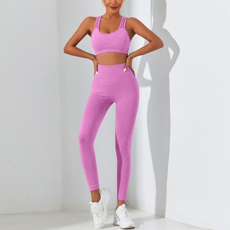 Set de trening de yoga simplu, 2 bucăți, fără cusături, foarte elastic, cu spate încrucișat, colanți cu control al abdomenului și șoldurilor_voghion.com