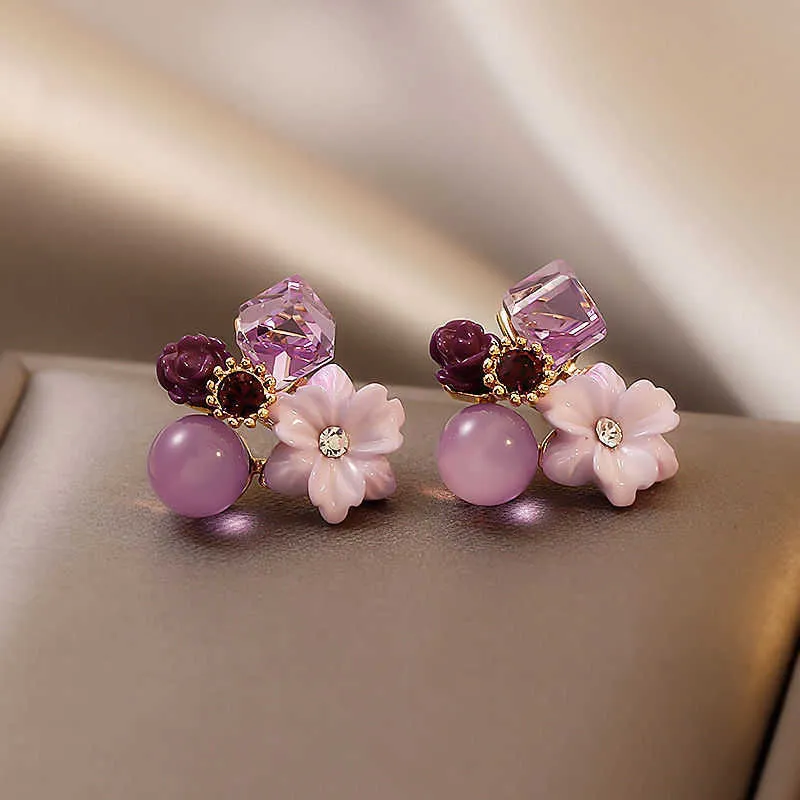 Charm 2022 Bijoux de mode coréens Noble Violet Cristal Fleur d Boucles d'oreilles pour femme Fête de mariage Filles Élégance Ensemble_voghion.com