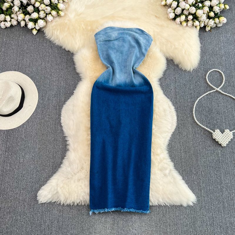 Women's color-changing tube top waist slimming mid-length back slit denim hip-hing dress_voghion.com