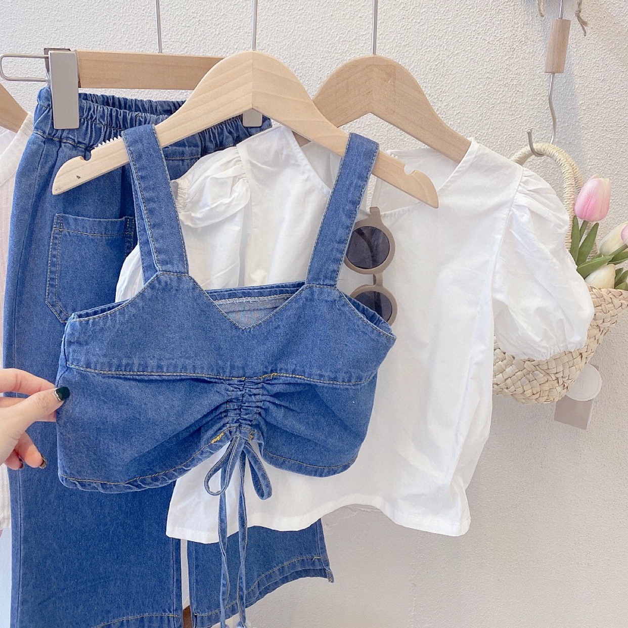 Ancorelala kinder kleidung sommer neue mädchen denim hemd mit hosenträger breite bein hosen drei stück set_voghion.com