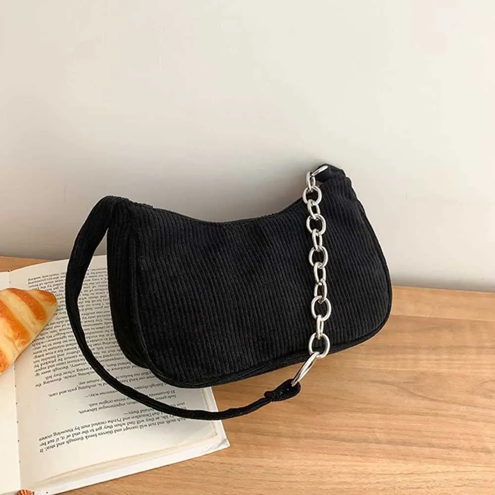 Geantă mică de mână cu lanț și curea pătrată sub braț, din catifea reiată, culoare solidă, cu fermoar, geantă de umăr vintage DIYC241018_voghion.com