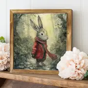 Charmig kanin i röd rock, vintage träinramad väggkonst - perfekt för bondgårdsinredning, vardagsrum, entré och sovrum - perfekt påskpresent, 20x20 cm_voghion.com