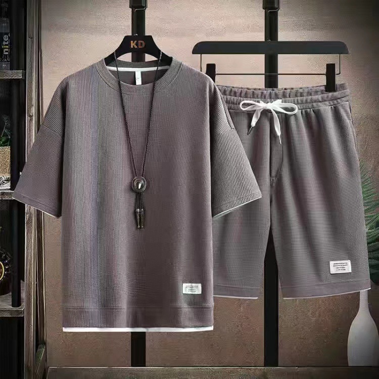 Neue Kurzarm Casual Sport Set Lose T-shirt Shorts Waffel Kleidung männer Sommer Tragen_voghion.com