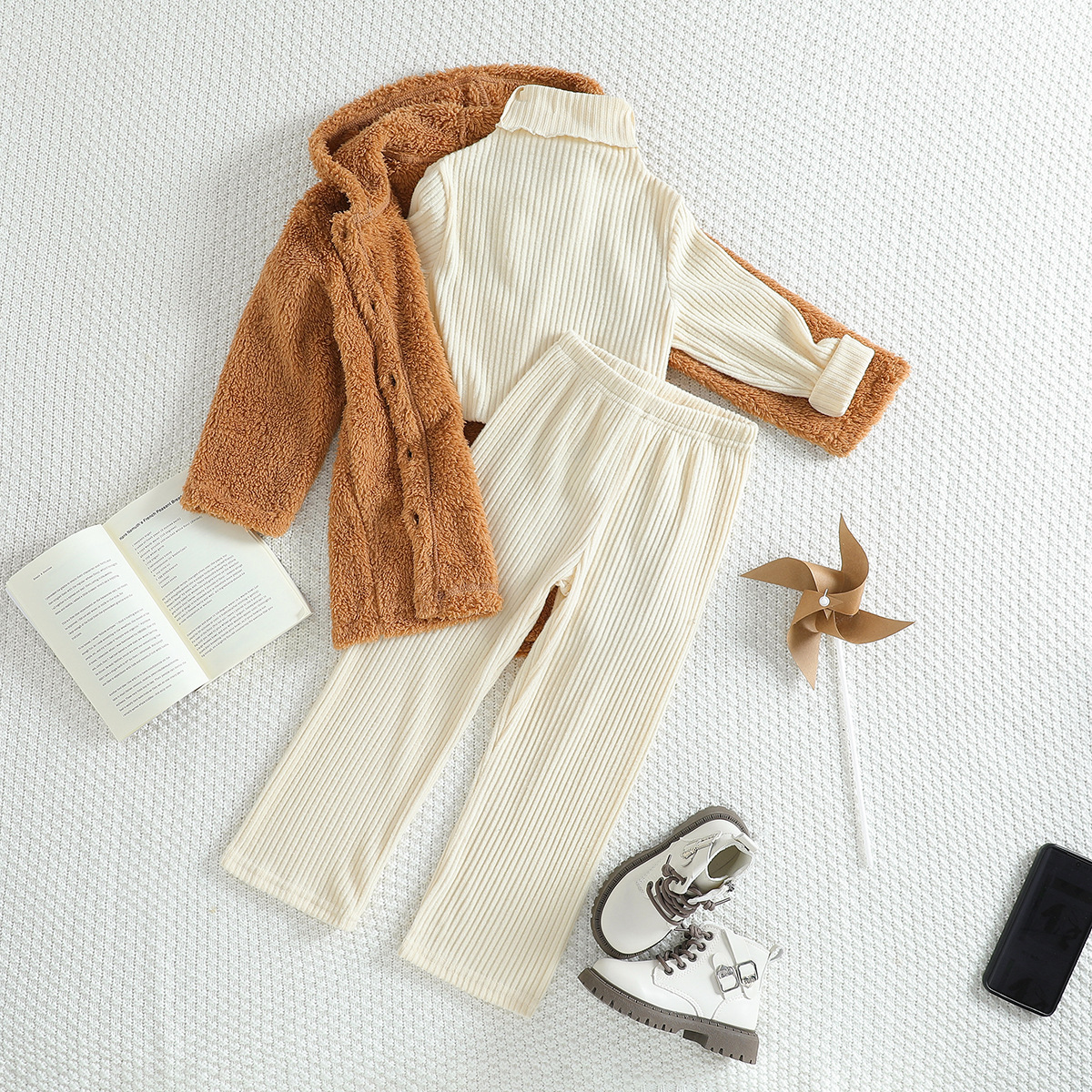 Kids’ Winter Corduroy 3-Piece Set - Cozy Fleece-Lined Hoodie, High-Neck Top & Pants (4Y-7Y, Caramel )​