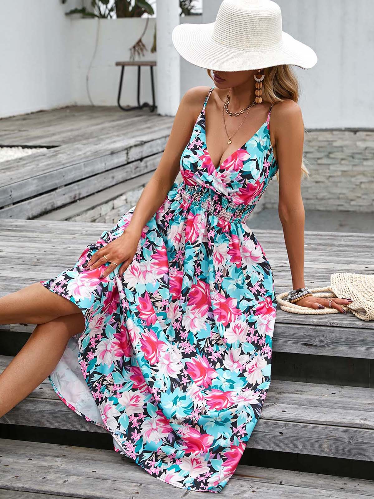 Women's Dress 2023 Summer Printed Suspender V-neck Waistband Women's Clothing_voghion.com