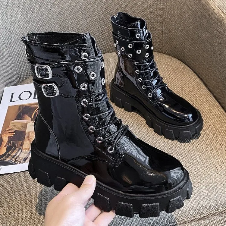 Damen Motorradstiefel Aus Lackleder Mit Flauschigem Futter_voghion.com
