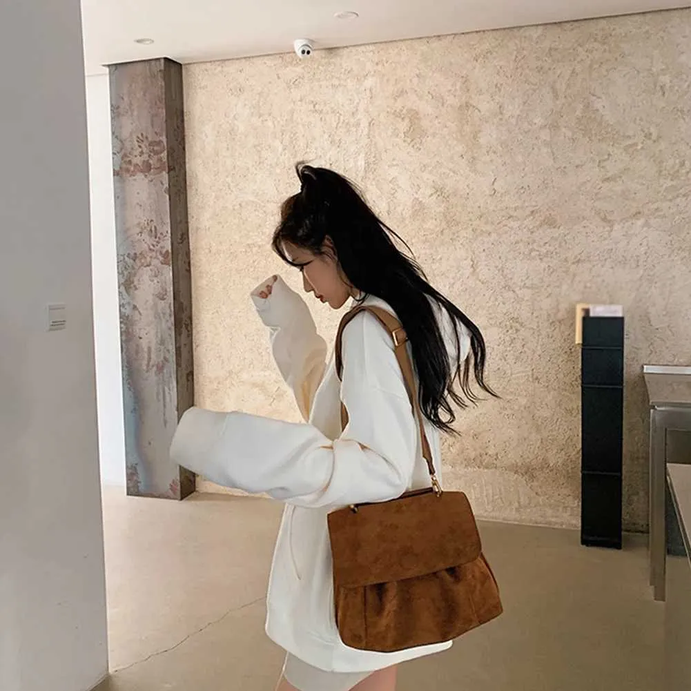 Damen-Retro-SG-Tasche mit verstellbarem Riemen und großem Fassungsvermögen, stilvolle, lässige Geldbörse aus Veloursmaterial für den täglichen GebrauchC241216_voghion.com