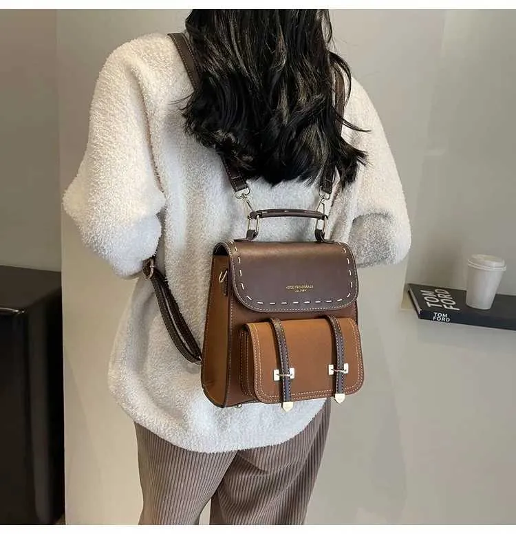 Vintage Farbblock Rucksack Und Umhängetasche Für Damen_voghion.com