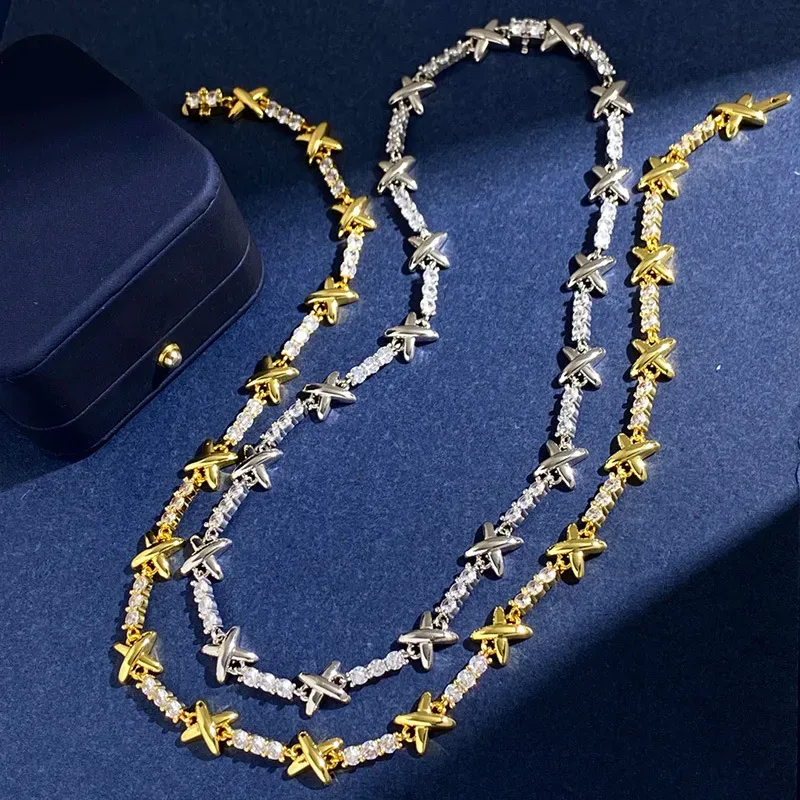 Zlata ogrlica s prevleko iz sterlinga Sier, objemi, poljubi in križem, zapestnice s tridesetimi diamanti za ženske, klasična modna znamka_voghion.com