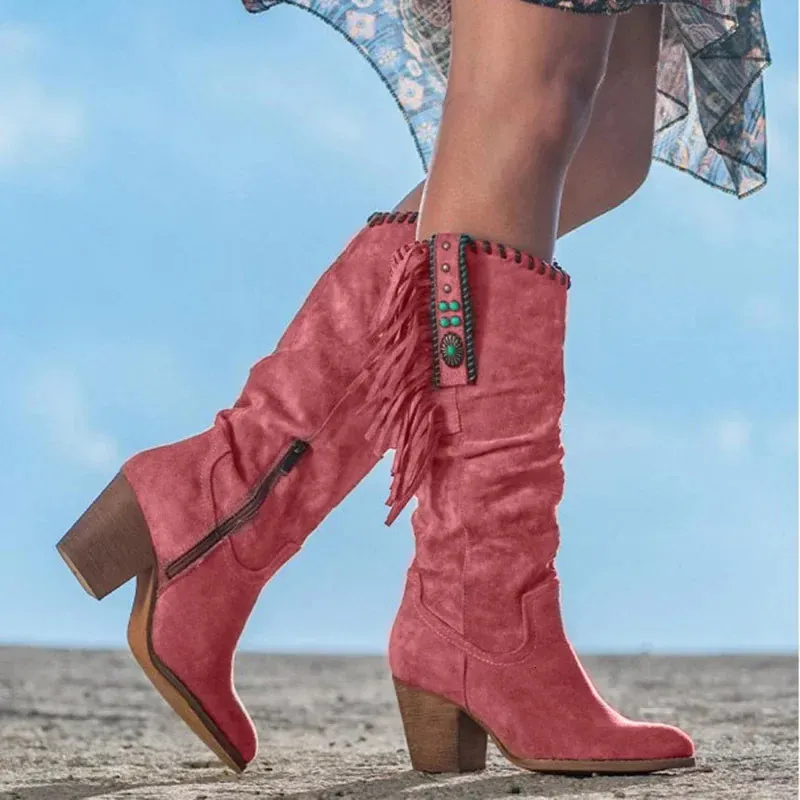 Autumn Winter Retro Sexy Slim Womens Knee Square High Heels Pointed Toe Platform Tassel Western Denim Shoes 241024_voghion.com