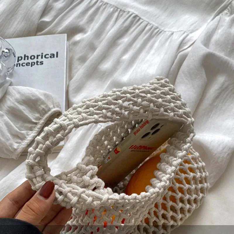 Lässige gewebte Damen-Umhängetaschen, gestrickte Handtaschen, große Kapazität, Shopper-Tasche, weibliche Strand-/Reise-Geldbörsen aus Baumwolle 240826_voghion.com