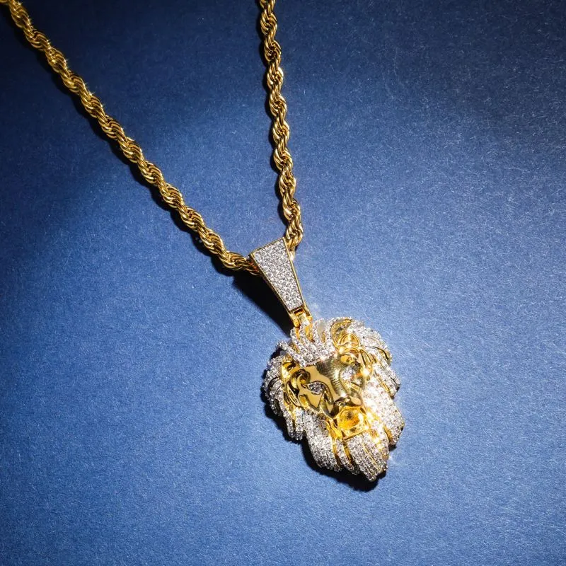 Collana con ciondolo a forma di testa di leone Hip Hop TopBg, da uomo, in oro 14k, con ciondolo a catena in corda._voghion.com