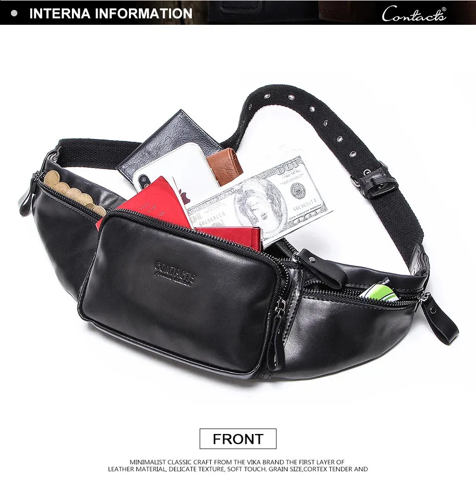 CONTACTS Rindsleder Herren Casual Kleine Gürteltasche für Handy und Kreditkarten Reise-Brusttasche 240829_voghion.com