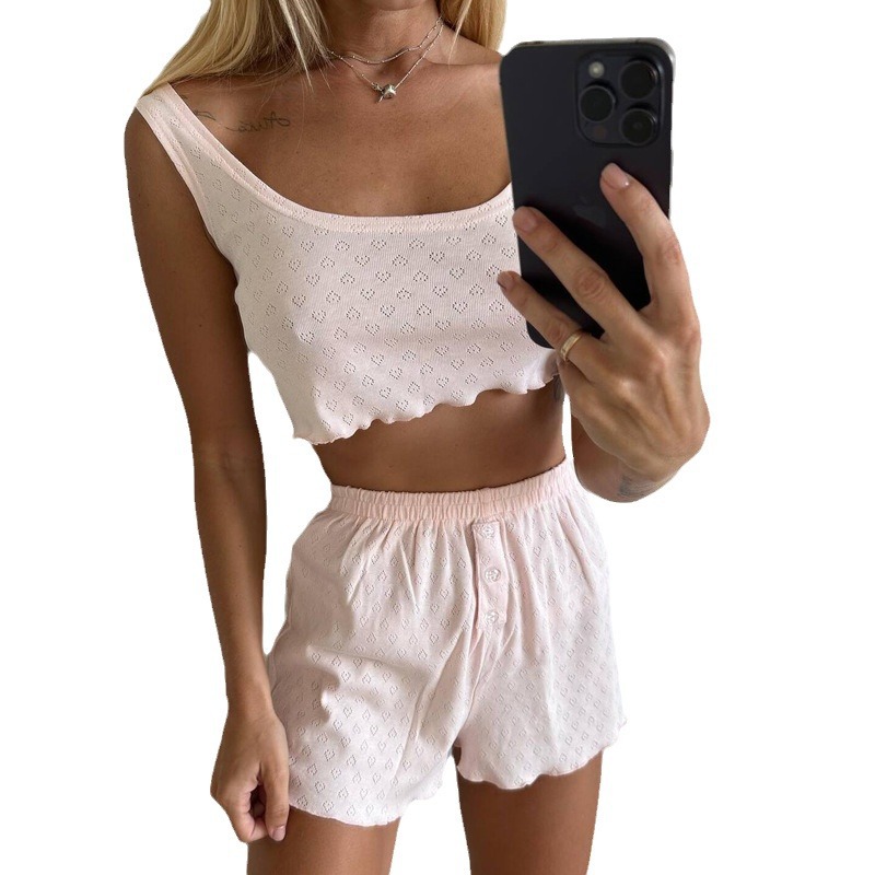 Casual Women's Camisole Shorts Set Solid Color Hollow Design_voghion.com