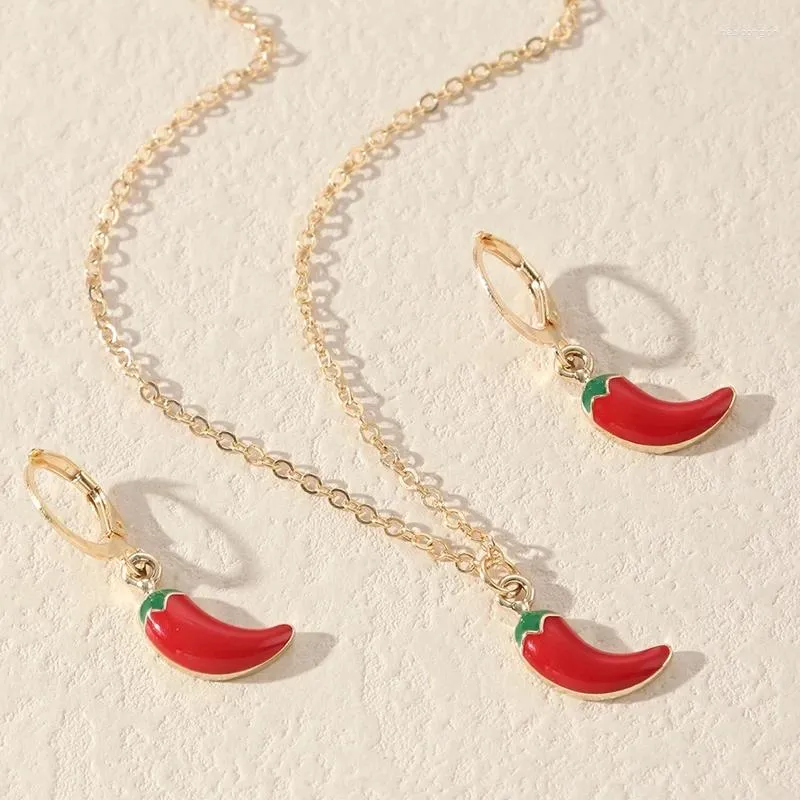 Collana Orecchini Set Coreano Carino Piccolo Rosso Smalto Ciondolo Clavicola Catena Con Peperoncino Gioielli Donna Festa_voghion.com