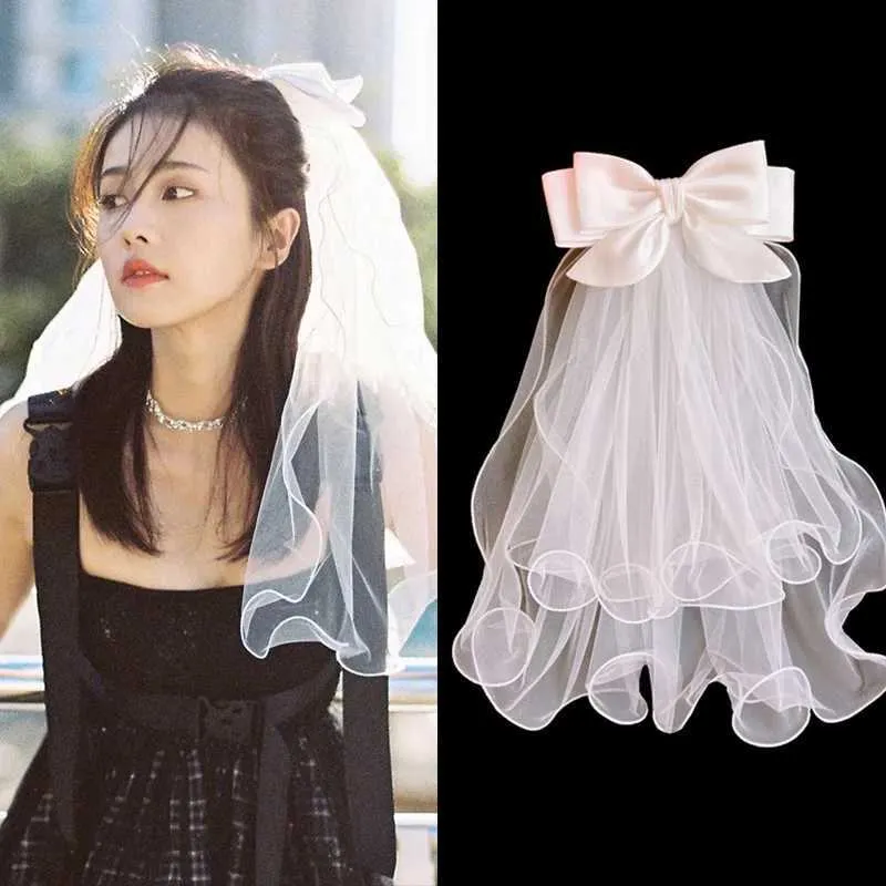Hair Jewelry Short Small Head Veil Bow Fluffy Yarn Bride Wedding hair accessories_voghion.com