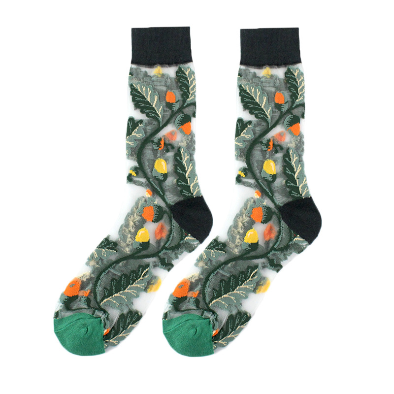 23 Spring/Summer Women's Thin Style Medium Tube Fashion Trendy Wind Flower Dorsen Series Glass Silk Socks_voghion.com