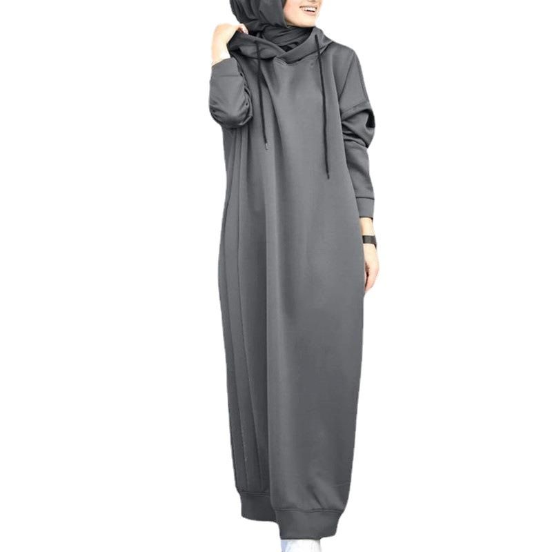 Damenbekleidung Muslimische Herbstkleidung Einfarbig Pelz Plüsch Stoff Mit Kapuze Kordelzug Locker Lässig Tasche Langarm_voghion.com