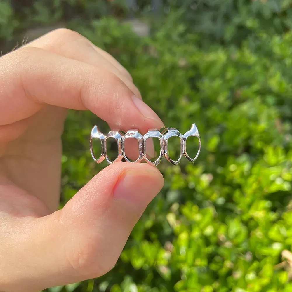 RACHELZ Fashion 6/6 Denti completamente cavi 14K placcati oro Dentiere Decor Bretelle Zanne Griglie dentali per uomo Donna Gioielli_voghion.com