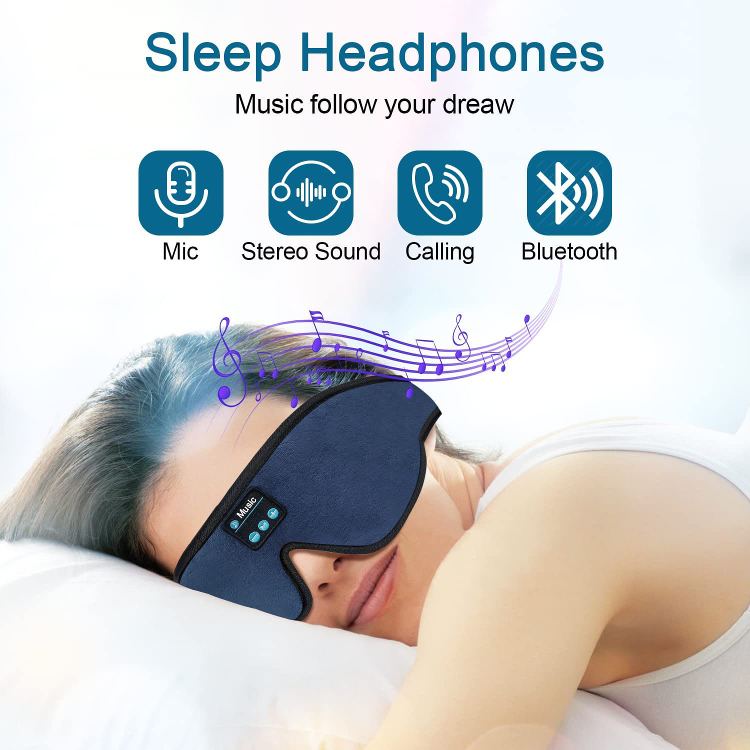 Cuffie per dormire 3D Bluetooth 5.0 Fascia per la testa Artefatto per dormire wireless Maschera per gli occhi traspirante Musica Auricolari per chi dorme di lato Regali_voghion.com