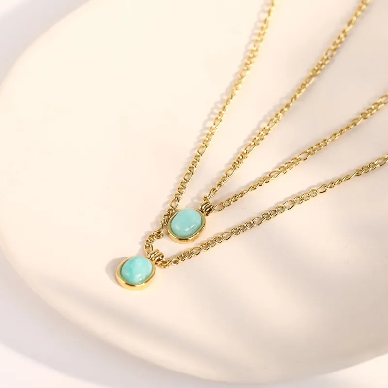 Colliers pendentifs rétro mode vert menthe pierre naturelle romaine ovale chaîne de clavicule bijoux exquis en acier inoxydable_voghion.com