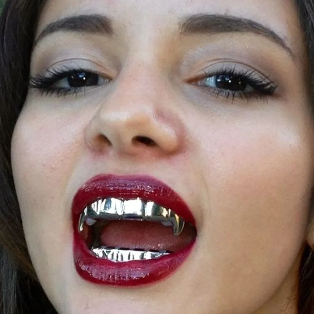 Vero oro bretelle punk hip hop denti grillz dentale bocca zanna griglie su fondo dente cappuccio cosplay festa rapper gioielli_voghion.com