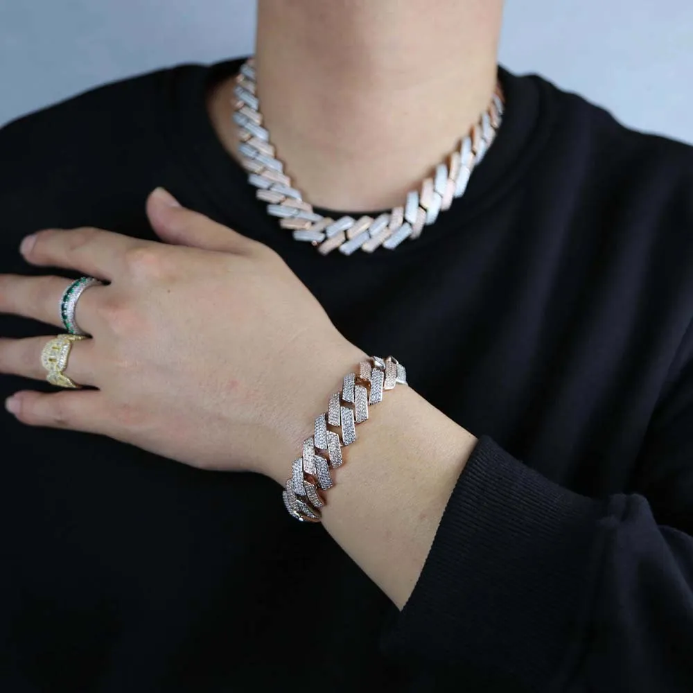 Cuban Link Chain Necklace And Bracelet Set For Men 19mm Iced Out_voghion.com