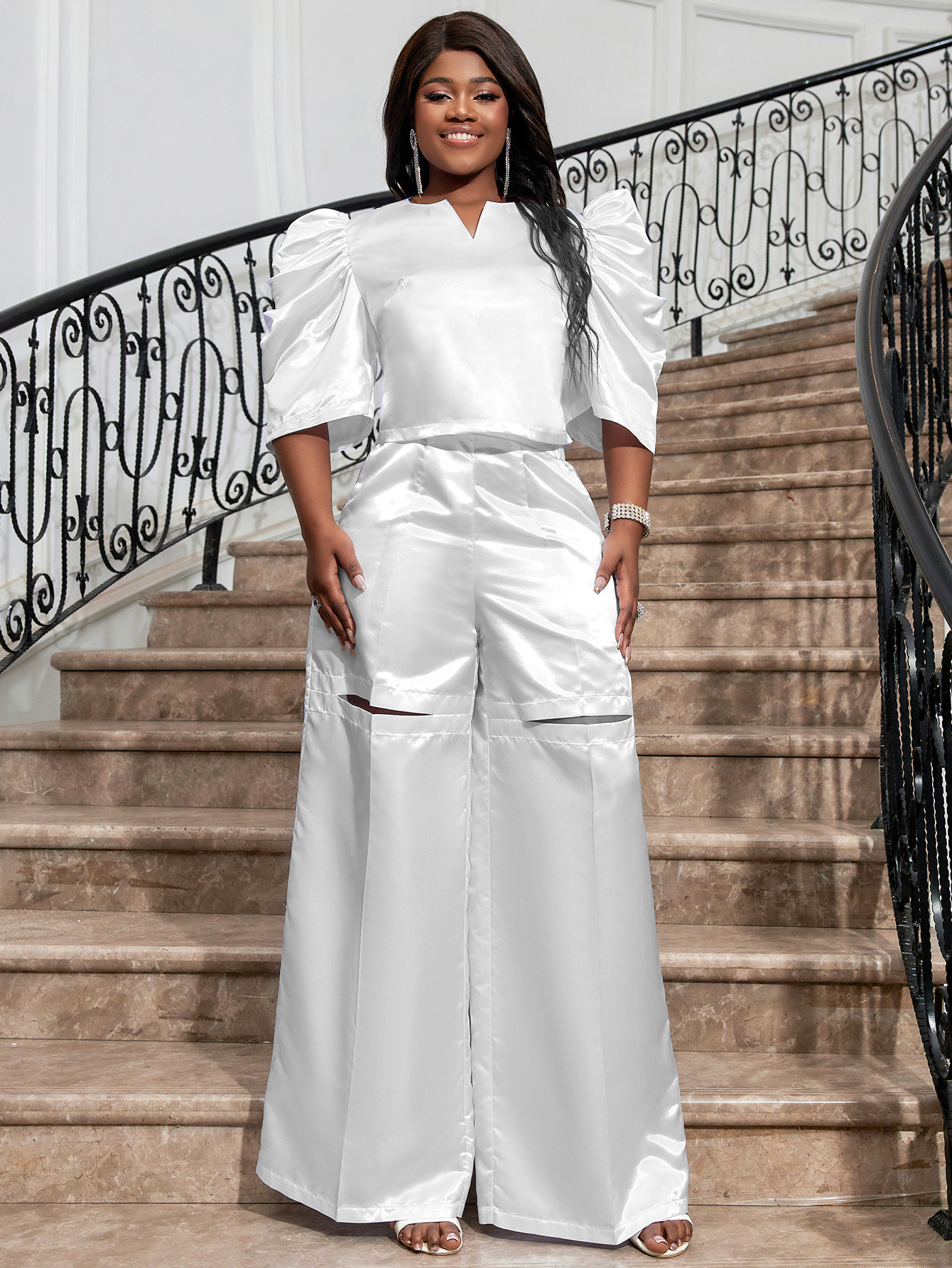 Women's solid color half-open collar top high waist wide leg pants suit large size female two-piece set_voghion.com
