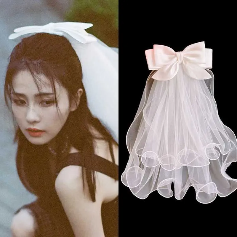 Hair Jewelry Short Small Head Veil Bow Fluffy Yarn Bride Wedding hair accessories_voghion.com