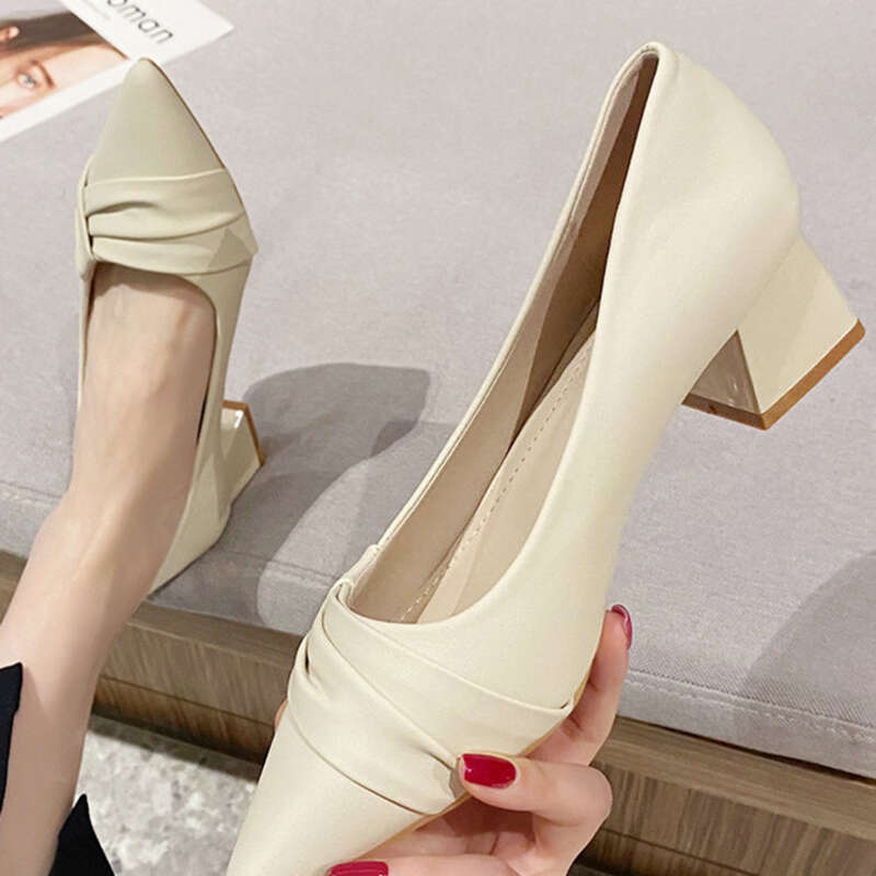 Short Heel Network Star New Pointed Toe Shallow Mouth Medium Low Heel Shoes_voghion.com