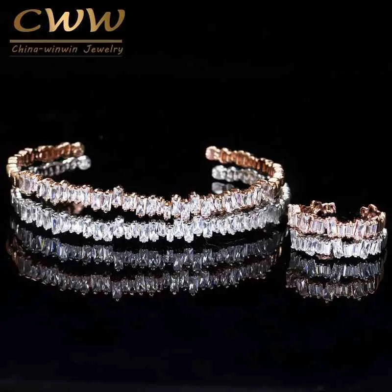 Cwwzircons Moda Ouro Rosa Cor Baguette Cubic Zirconia Cuff Pulseira Pulseira e Conjuntos de Anel Melhor Amigo Jóias Presente_voghion.com