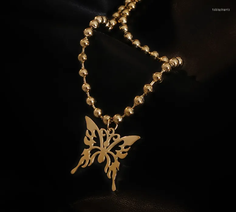 Ketten Einfache Aushöhlen Schmetterling Anhänger Runde Perlenkette Titan Stahl Halskette Für Frauen Modeschmuck_voghion.com