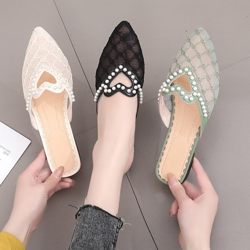 Pointed Toe Pearl Embellished Mesh Slippers For Women Low Heel_voghion.com