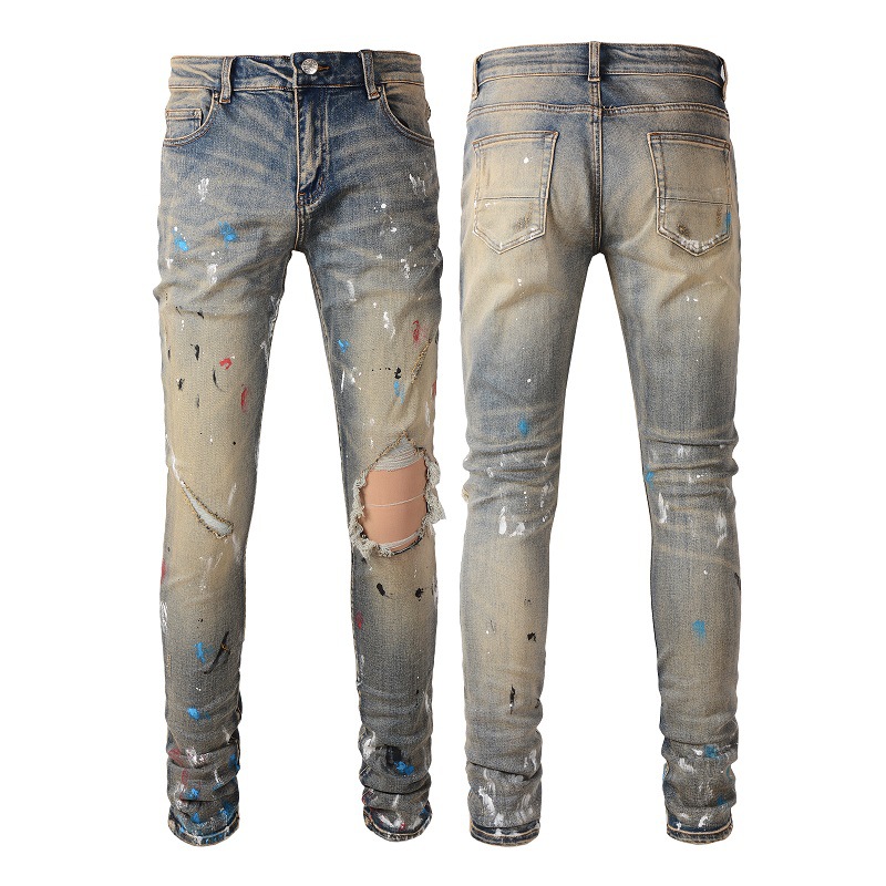 Men's Clothing high street retro stretch men's ink splash graffiti jeans youth slim fit ripped skinny pants