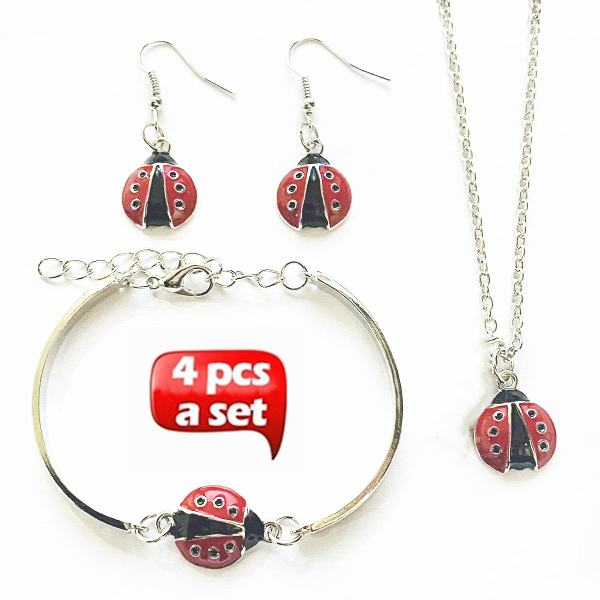 Collane 4 pezzi/set da donna alla moda con ciondolo a forma di coccinella, orecchini, bracciale, collana_voghion.com