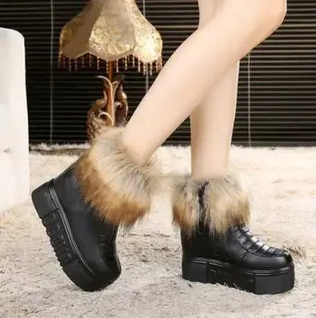 Scarpe invernali calde con zeppa, tacco alto nascosto, cerniera laterale nera, da donna, con plateau e altezza maggiorata_voghion.com