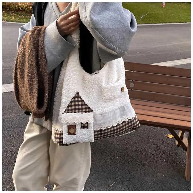 Womens Cute Fleece Patchwork Cartoon Pattern Solid Plush Shoudler Bag Large Capacity Female Commute Veet Handle_voghion.com
