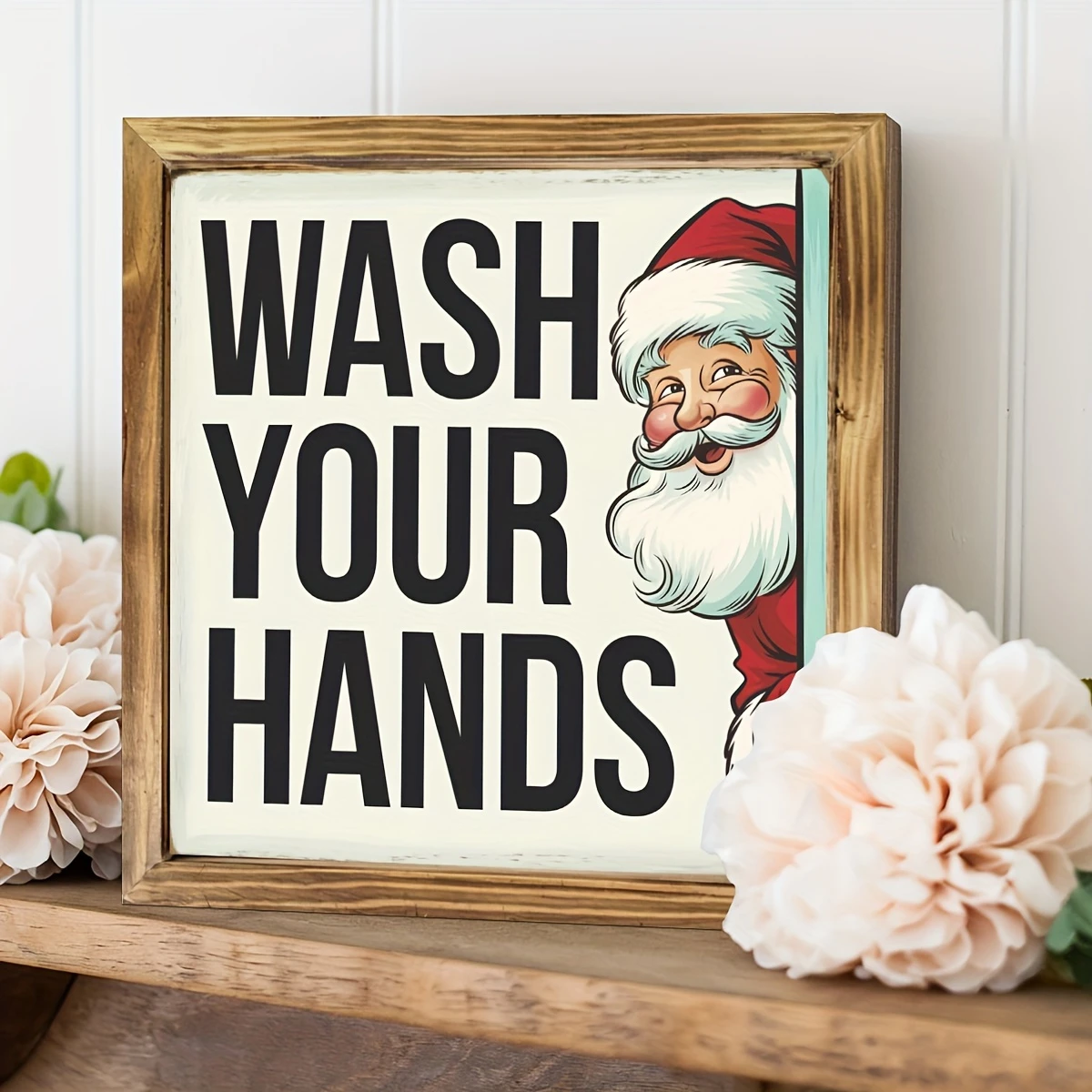 8x8" Vintage Weihnachtsmann "Wasch deine Hände" Holzschild - Rustikale Wandkunst für Küche, Bad & Büro | Einzigartiges Weihnachtsgeschenk_voghion.com