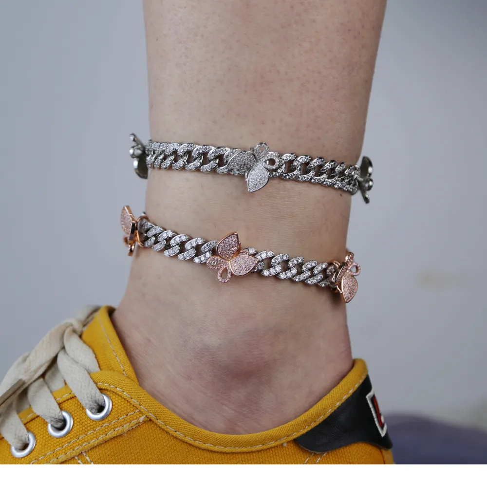 gül gümüş rengi cz küba bacak zinciri moda kadın bling buzlu bağlantı pembe kelebek bilezik takı_voghion.com