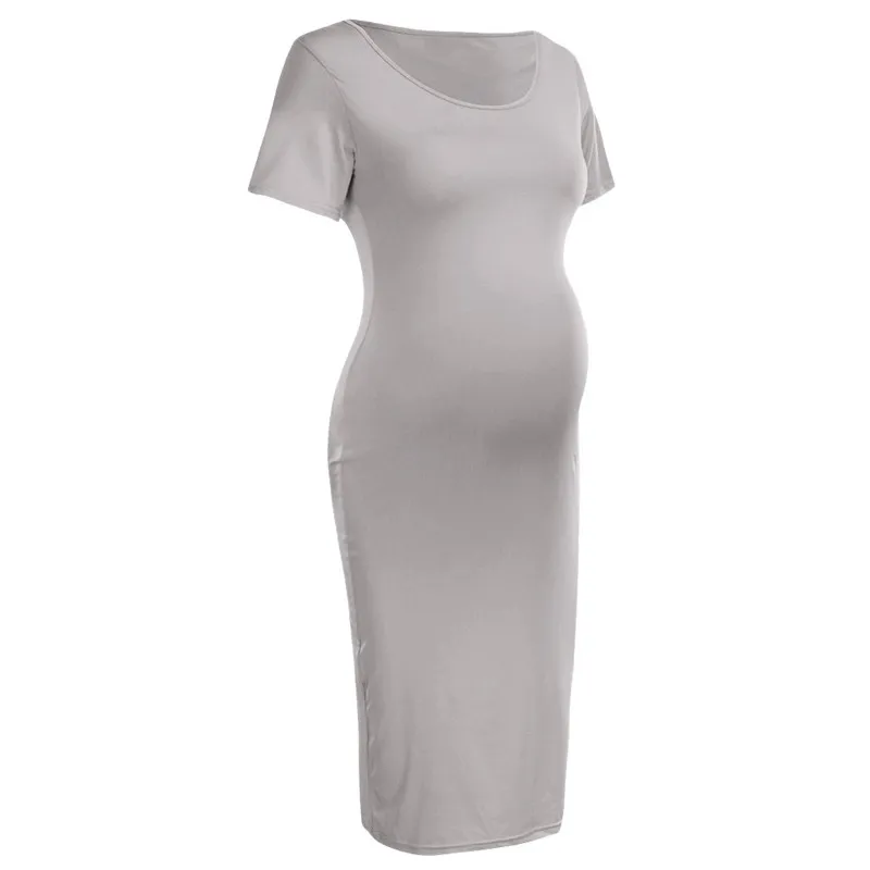bunvel Sommer Bodycon Gravide Kvinner Sommerkjoler Ensfargede Mammaklær Kortermede Graviditetskjoler Premama Wear_voghion.com