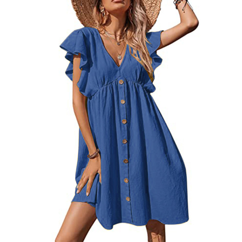 Abito da donna di media lunghezza con scollo a V pieghettato casual con bottoni alla moda_voghion.com