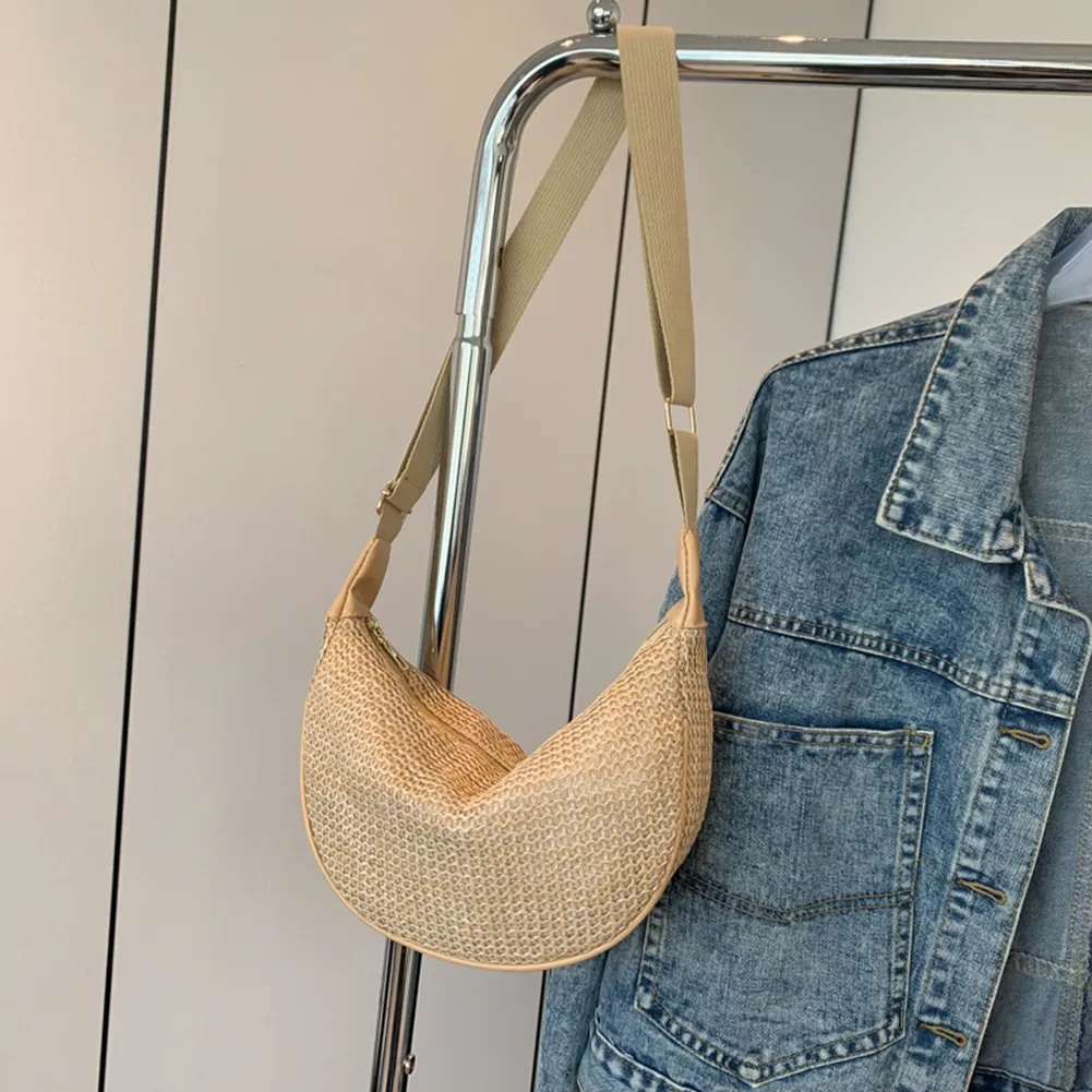 Borsa a tracolla a mezzaluna con tracolla regolabile, in paglia intrecciata, grande capacità, casual, per feste e vacanze, da donna_voghion.com