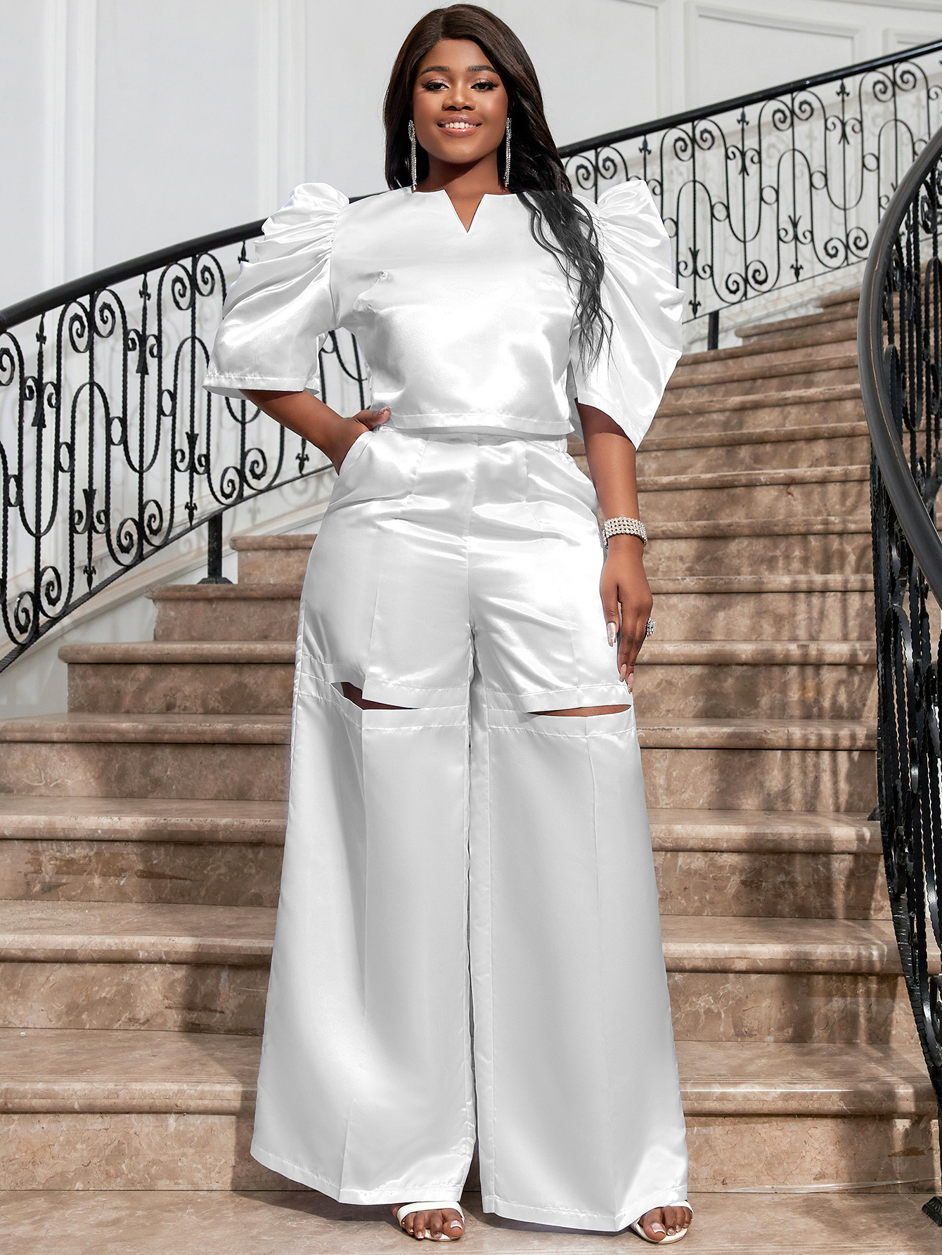 Women's solid color half-open collar top high waist wide leg pants suit large size female two-piece set_voghion.com