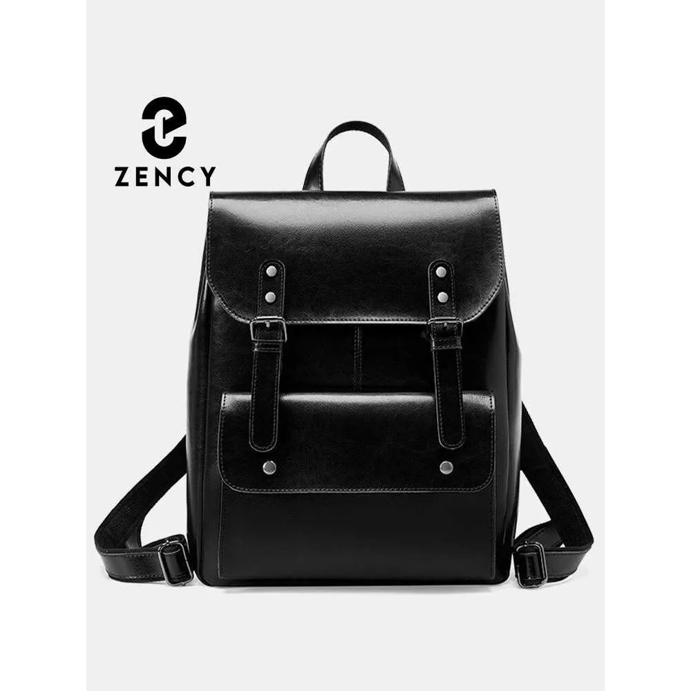 Mochila de viagem feminina de couro legítimo Zency, grande capacidade para laptop de 14 polegadas, resistente ao desgaste, à prova de óleo e cera, Inglaterra_voghion.com