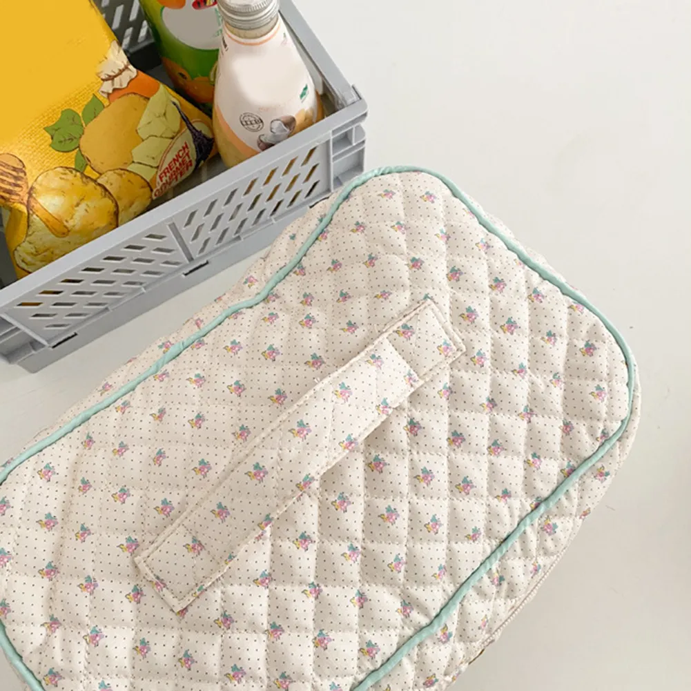 Trousse de toilette coréenne mignonne, portable, zippée, organiseur de voyage, trousse de maquillage matelassée, grande capacité, imprimé floral, pour femmes_voghion.com